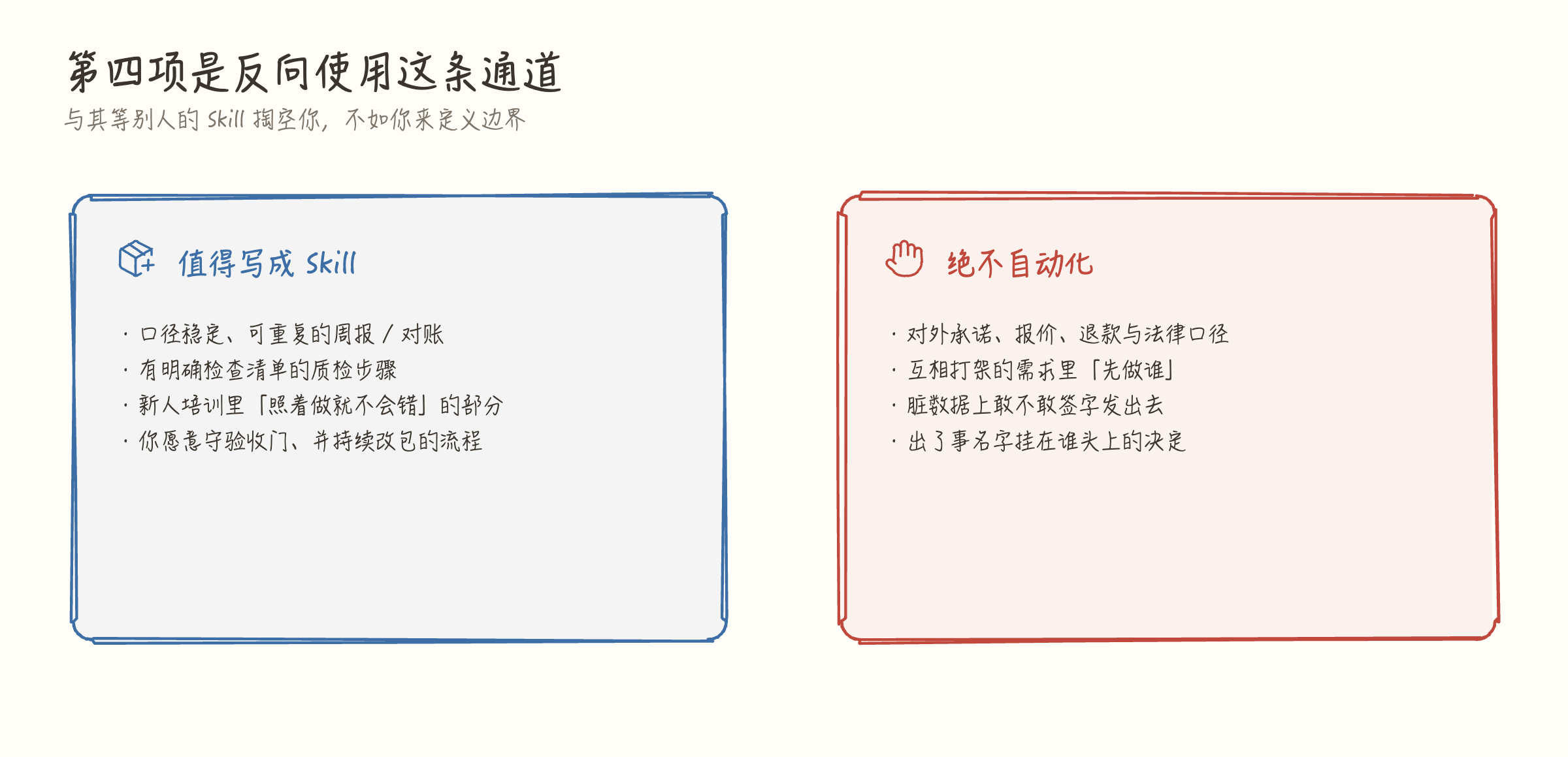 值得写成 Skill 的，是可重复且你愿守门的流程；绝不自动化的，是承诺、冲突拍板与署名后果