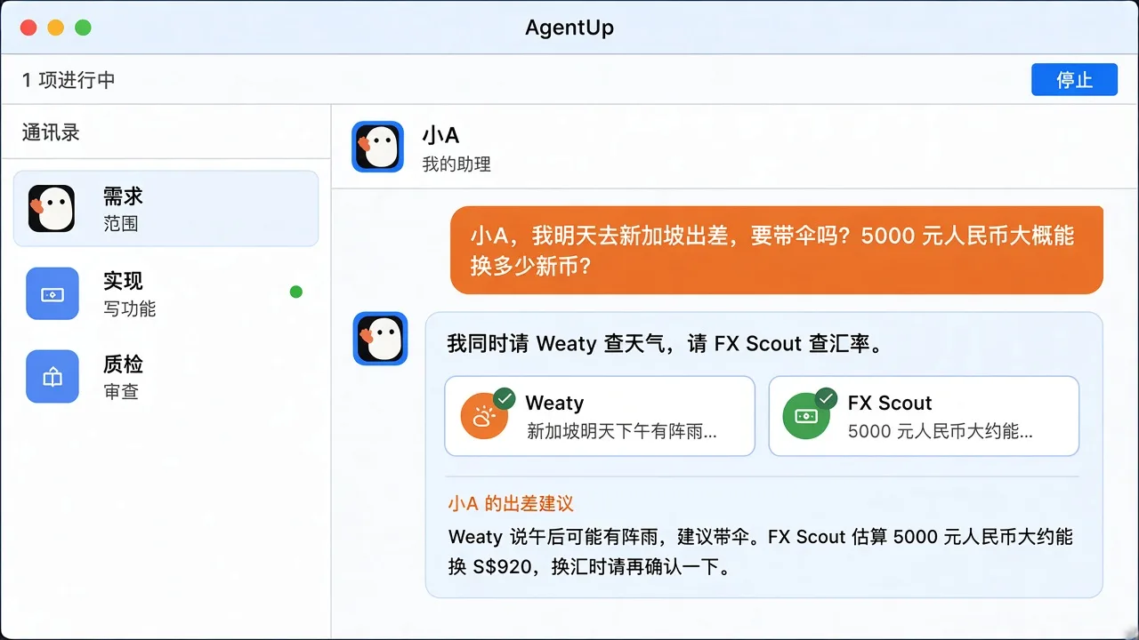 通讯录里需求、实现、质检三人,顶栏能看见谁还在协作