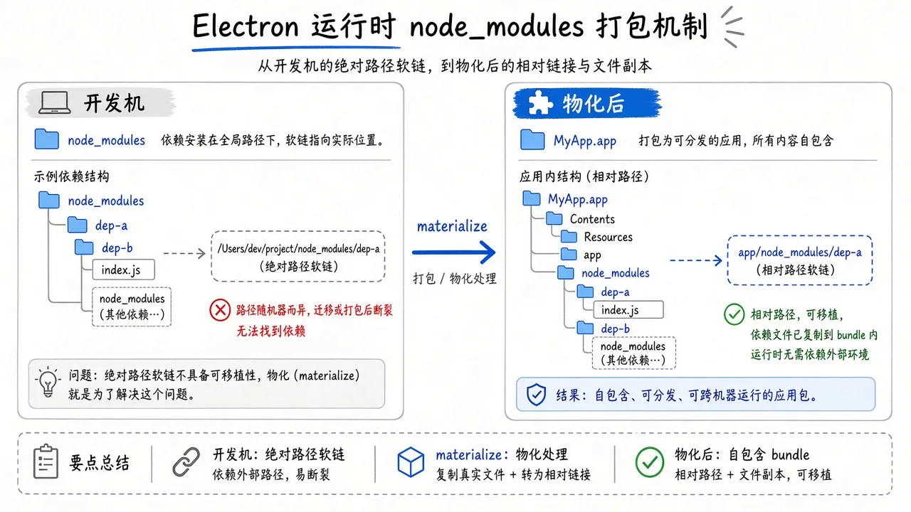 物化：绝对路径 symlink 改成包内相对链接，体积仍约一份依赖